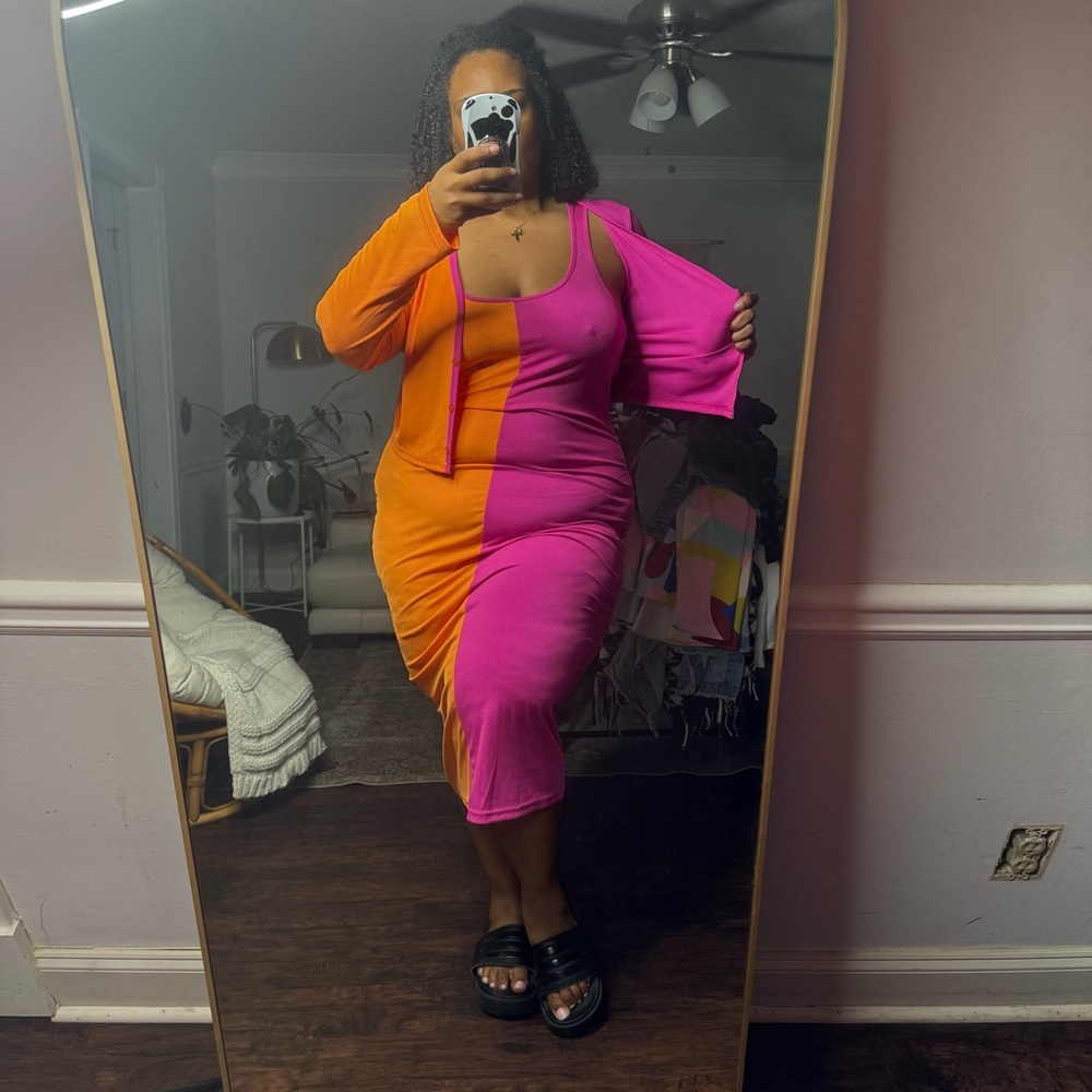 SHEIN Orange and Pink Bell Sleeve Bodycon Dress